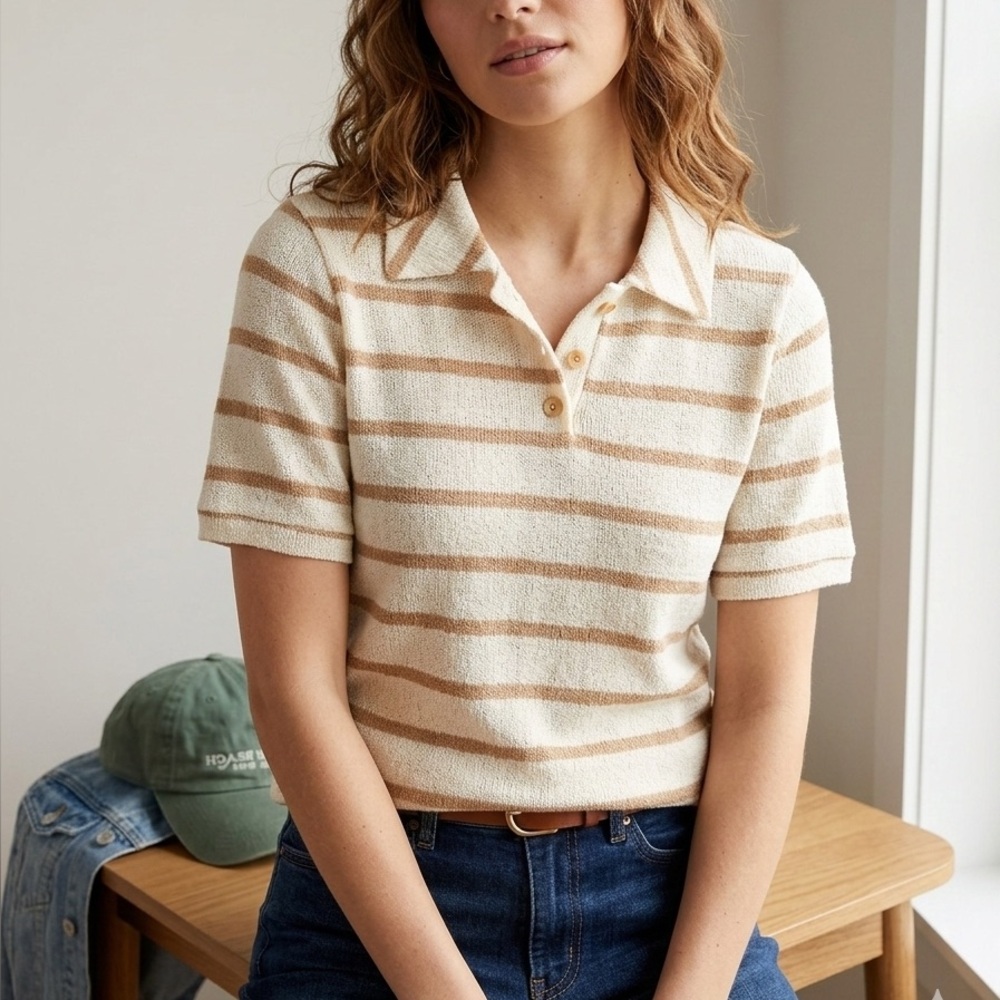 Striped Cream & Tan Polo Short Sleeve Knit Tee